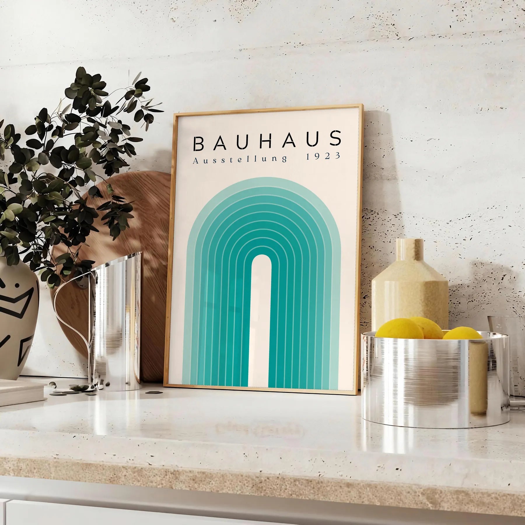 space vintage Bauhaus poster abstract art green blue hues gift own wall collection print timeless elegance room sizes A4