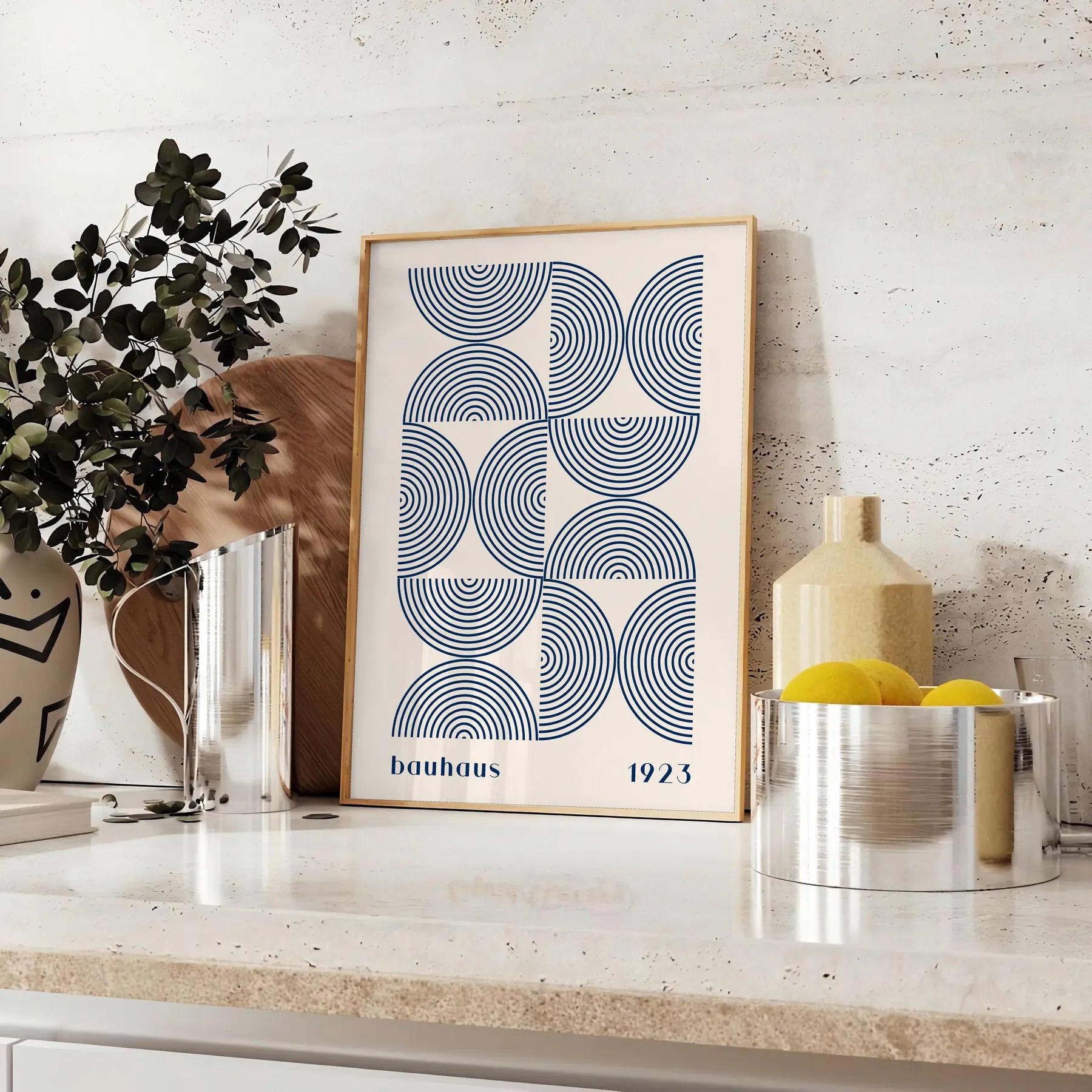 space Bauhaus wall art poster abstract designs elegant gray blue hues captivating print perfect gift lovers modern decor enthusiasts sizes A4 cm A0
