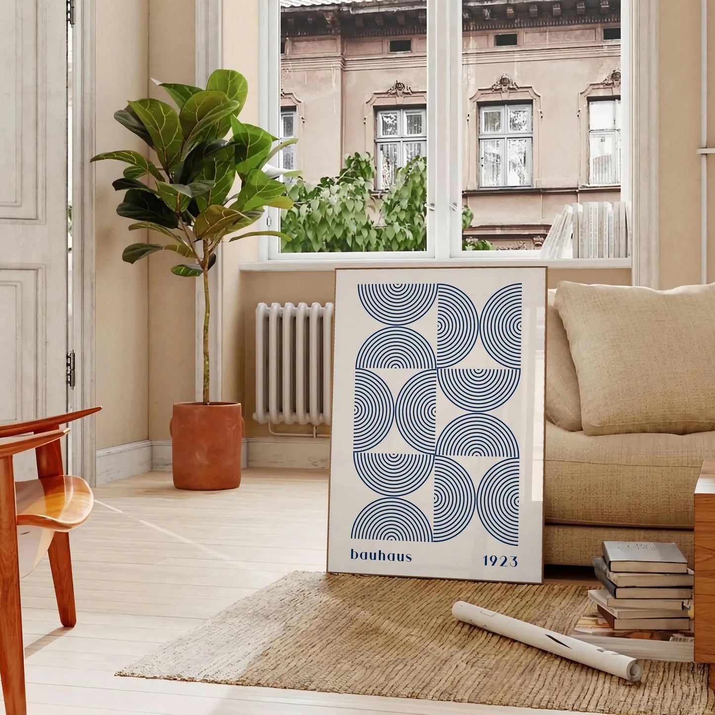 space Bauhaus wall art poster abstract designs elegant gray blue hues captivating print perfect gift lovers modern decor enthusiasts sizes A4 cm A0